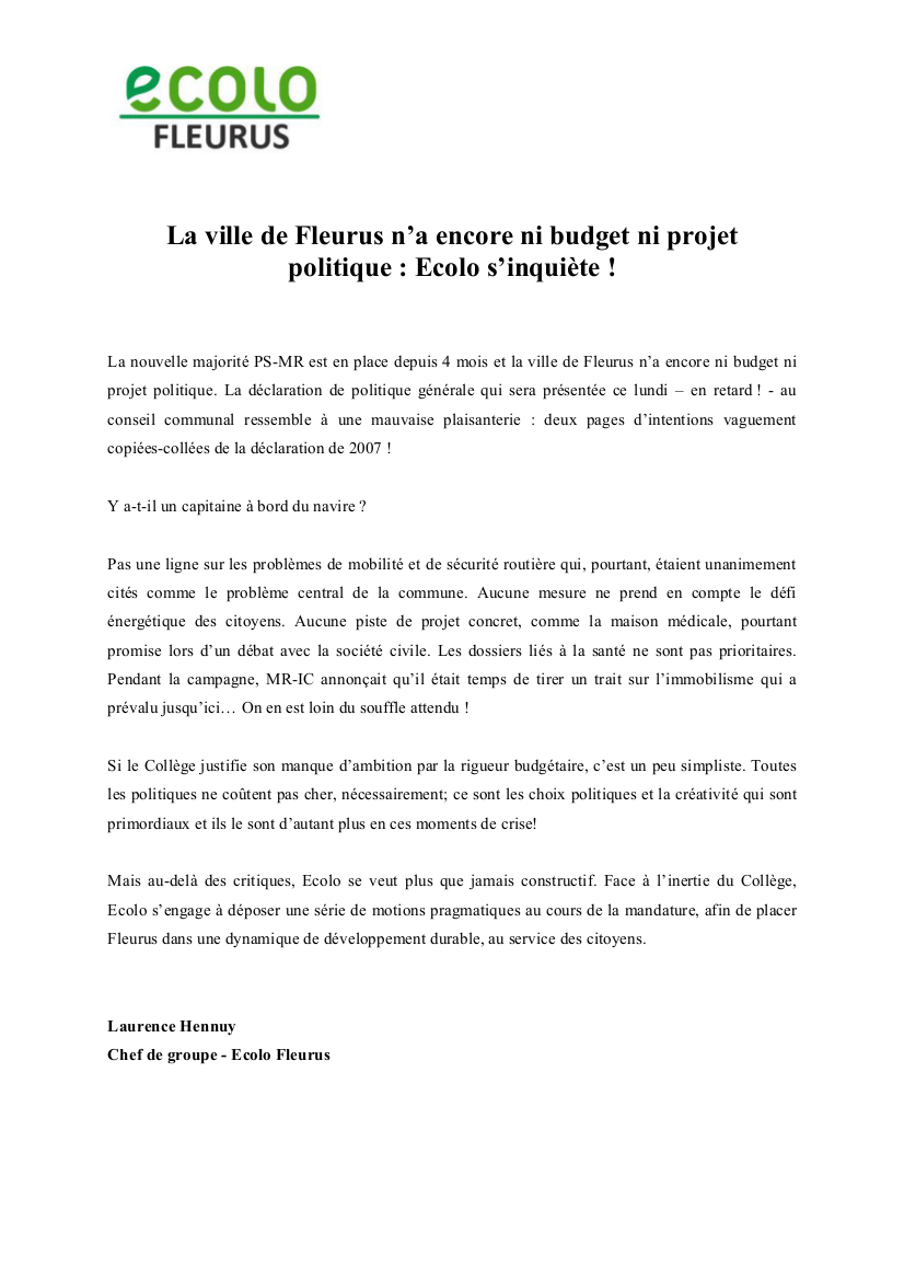 Communiqué de presse déclaration de politique générale février 2013