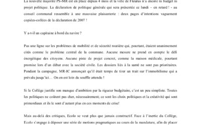 La ville de Fleurus n’a encore ni budget ni projet politique : Ecolo s’inquiète !