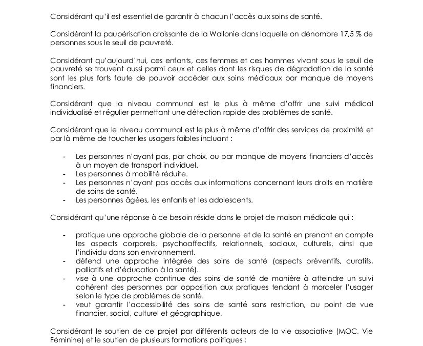 Proposition de motion concernant l’établissement d’une maison médicale